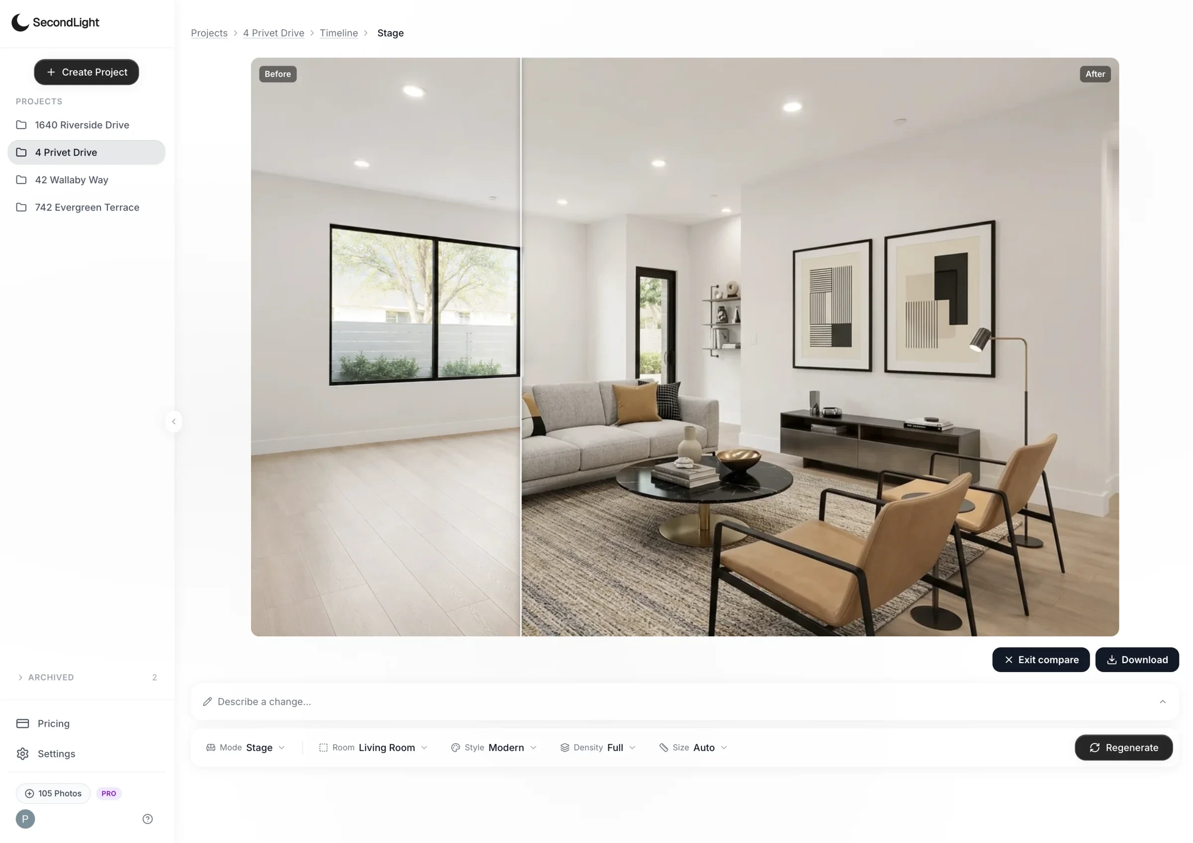 SecondLight editor showing a staged living room